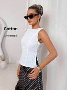 Camisa blanca sin mangas de algodón y lino, ajustada, con botones de nudo de bambú, estilo vintage para oficina - Blanco 2 - Ver 3