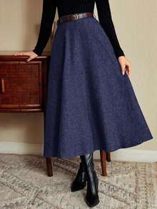 DECDS Falda elegante vintage para mujer con bolsillos y cinturón a cuadros, falda casual de vacaciones, falda gris de otoño, invierno y Navidad, falda para invitada de boda - Azul marino - Ver 4