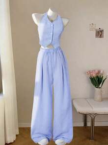 Set de 2 piezas de chaleco sin mangas a rayas y pantalones anchos a rayas para adolescentes, conjunto informal para el verano - Azul - Ver 5