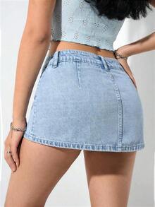 Falda mini de mezclilla lavada informal para mujer - Lavado ligero 2 - Ver 2