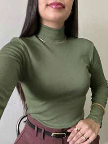 Women's Plush Ribbed Blouse Long Sleeve High Neck Basic Casual Modern Thermic Black S,M,L,XL - Army Green - View 2