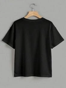 Women's Casual Black Off-Shoulder T-Shirt With Cute Floral Print And "Live In The Moment" Slogan, Short Sleeve Crew Neck Knit Top For Spring Outfits, Medium Knit Fabric, Regular Length EIRC - 黑色 - 查看 3