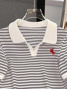 Camiseta de manga corta con cuello de polo a rayas casual de verano para mujer - Multicolor - Ver 3