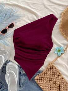 Blusa casual de unicolor con hombros oblicuos y ajustada, apropiada para el verano - Burdeos - Ver 1