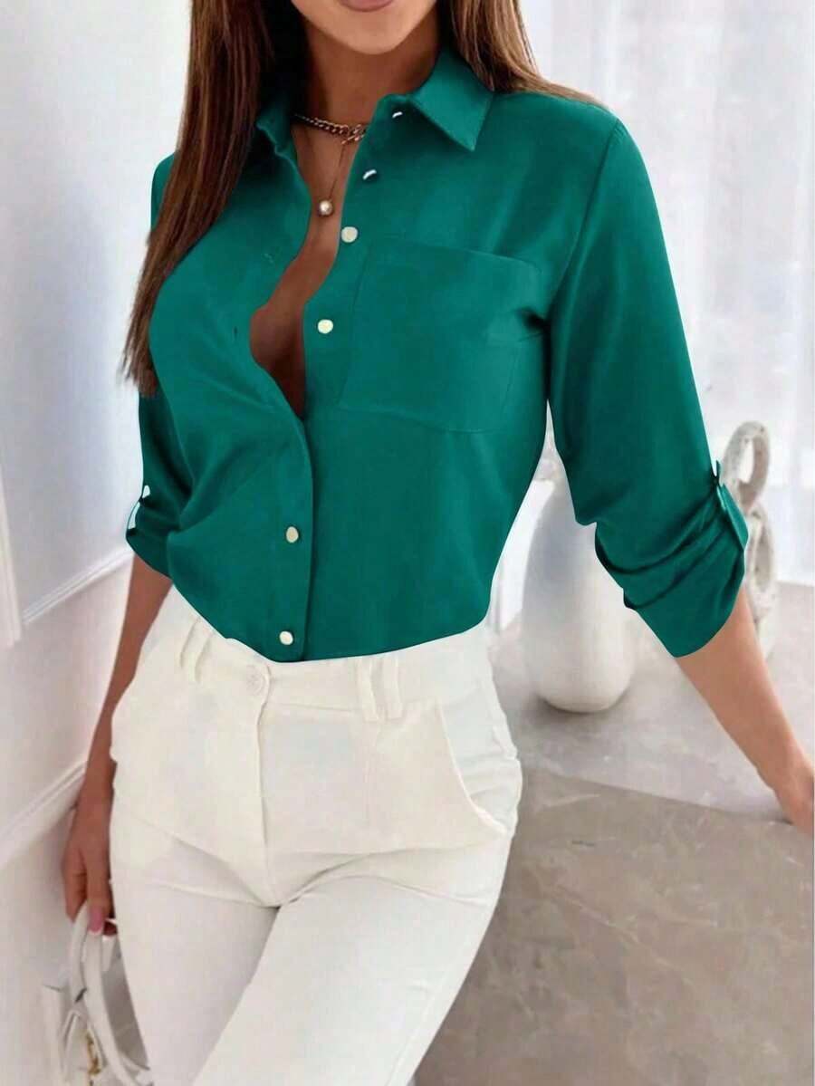 Camisa de mujer de manga larga de unicolor casual con puño - Verde 2 - Ver 1