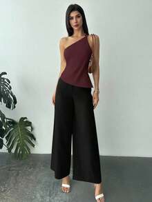Nueva llegada Primavera/Verano Elegante Top casual de lino color albaricoque con cintura fruncida, bajo asimétrico y espalda descubierta - Burdeos - Ver 5