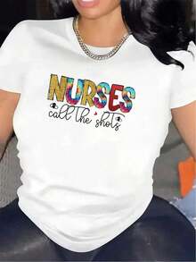 "Call The Shots" Graphic Nurse T-Shirt - Black T-Shirt With Colorful Nurse Text, Lightweight Nurse T-Shirt, Medical Uniforms, Workplace, Casual Wear - Durable Nurse Clothing, Medical Uniforms, Workwear, Comfortable Fit, Medical T-Shirt - 白色 - 查看 12