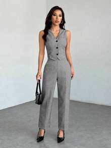 PETITE Conjunto de chaleco sin mangas de frente abierto y pantalones holgados para otoño/invierno - Gris Claro - Ver 6