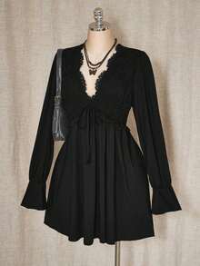 ICON Vestido mini de talla grande de unicolor casual con parches de encaje para mujer, ropa de otoño - Negro - Ver 3