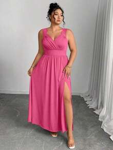 Elenzya Vestido línea A con cuello en V, contraste de encaje, tirantes finos y abertura para tallas grandes - Rosa Fucsia - Ver 7
