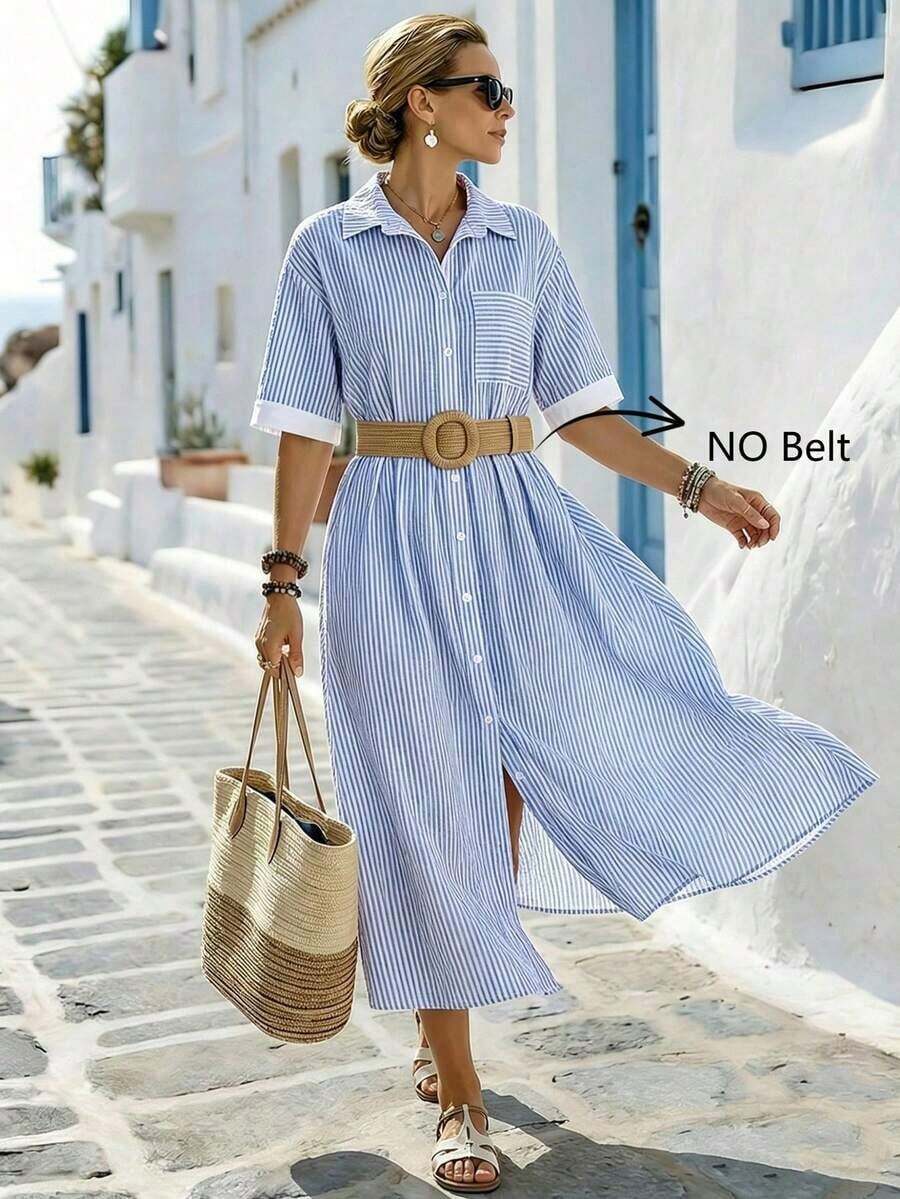 Holidaya Vestido casual de mujer con bolsillo, cuello de solapa y rayas, para verano - Azul - Ver 1