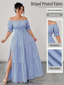 Vestido casual elegante de talla grande para mujer de primavera/verano, en azul sólido de aspecto de mezclilla con cintura fruncida y con abertura lateral - Azul - Ver 4