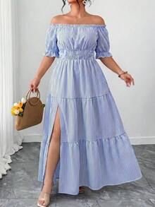 Vestido casual elegante de talla grande para mujer de primavera/verano, en azul sólido de aspecto de mezclilla con cintura fruncida y con abertura lateral - Azul - Ver 5