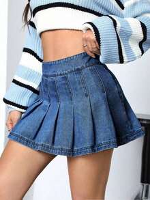Falda Tipo A Plisada De Mezclilla unicolor Para Mujer - Azul lavado oscuro - Ver 3
