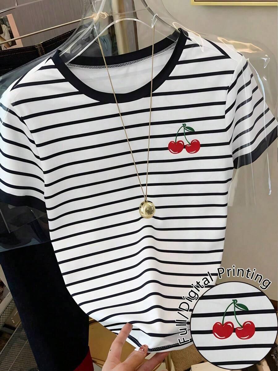 Camiseta de manga corta de cuello redondo casual con estampado de rayas y contraste de color para mujer, verano - Multicolor 2 - Ver 1