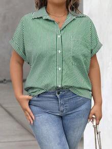 Vionelle Blusa casual de talla grande para mujer con estampado de rayas azul y blanco, de manga corta y abotonada, para el verano - Verde 2 - Ver 6