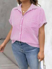 Vionelle Blusa casual de talla grande para mujer con estampado de rayas azul y blanco, de manga corta y abotonada, para el verano - Rosa - Ver 5