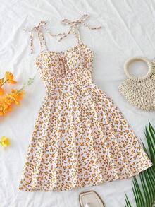 Vestido mini con tirantes de espagueti y estampado floral ditsy con lazo - Amarillo - Ver 5