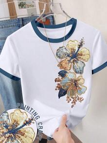 Camiseta de mujer de manga corta con cuello redondo, bloque de color, bordado de corazón a rayas y versátil - Blanco 11 - Ver 6