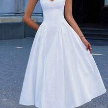 Unadoll Women's Elegant White Corset Midi Dress, Sweetheart Neck Spaghetti Strap Lace-Up Back A-Line Formal Dress For Wedding & Party - Blanco - Ver 10