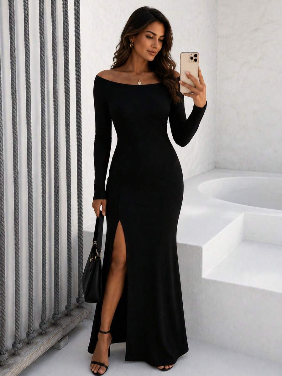 Women's Off-The-Shoulder Long Dress With Side Slit And Long Sleeves - Elegant, Asymmetrical, Formal And Evening Wear - 黑色 - 查看 1
