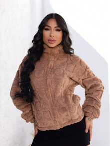 Women's Teddy Jacket With Heart Embossing, High Neck, Front Zipper, Pockets, Fleece Lined, Casual, Comfortable, , Autumn/Winter Fashion - Lạc đà - Xem 1