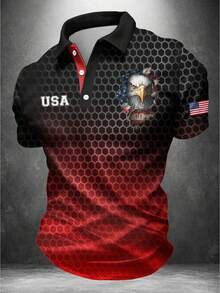 Active Mens Classic Eagle USA Flag Pique Knit Cotton-Feel Polo Shirt Three-Button Quick-Dry Vacation Outdoor Ready Sports - Black - View 3
