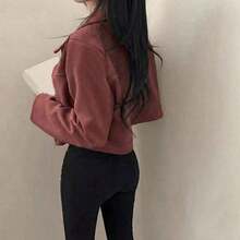 Chaqueta con cremallera de unicolor y cuello de ante sintético para mujer, uso casual para la escuela, el aeropuerto, primavera/otoño - Rojo - Ver 4