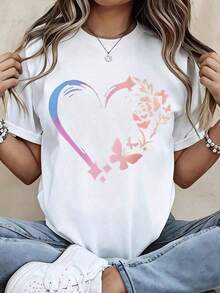 Camiseta vintage con estampado de corazón, llave, flores y mariposas, diseño romántico blanco para uso casual y atuendos diarios. Ropa casual deportiva, athleisure, ropa urbana, cómoda y suave, tela transpirable, ligera, corte relajado, diseño clásico, estilo atemporal, atuendos de verano para mujer, atuendos de primavera para mujer, ropa de verano, ropa para el Día de San Patricio para mujer, primavera, atuendos de primavera, primavera, ropa vintage para mujer, tops de verano para mujer, tops para mujer, ropa de mujer, ropa de primavera, tops lindos para mujer, tops bonitos para mujer, atuendos de vacaciones para mujer, atuendos de verano para mujer, atuendos de verano, atuendos de playa, moda. - Blanco - Ver 6