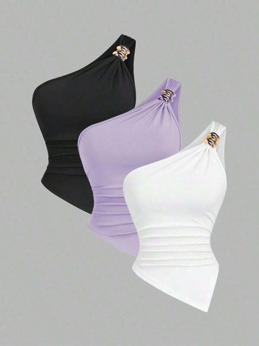 Blusa de unicolor minimalista con cuello asimétrico y hebilla de metal para mujer - Multicolor 4 - Ver 1