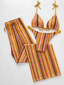 Swim Chiccia Conjunto de bikini a rayas sexy para mujer con pantalones, nueva llegada de trajes de baño para mujer 2026, adecuado para la escuela, vacaciones, citas, té de la tarde, estilo occidental, cruceros, playa, isla, viajes por carretera, todas las estaciones, festivales de música, vacaciones bohemias, vacaciones bohemias, otoño relajado, estilo occidental bohemio, blusas elegantes para mujer - Multicolor 11 - Ver 3