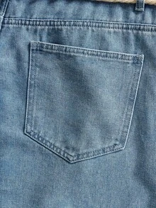 ROMWE MEN Street Life Pantalones cortos de mezclilla con doble cintura y bordado para hombres - Celeste 5 - Ver 5