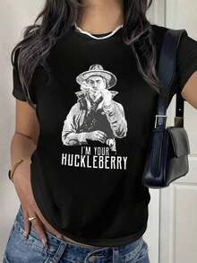 MinimalistCamiseta Retro de Algodón Puro Soy Tu Huckleberry - Negra de Manga Corta y Cuello Redondo, Diseño Inspirado en Películas de Arte Minimalista, Estilo Occidental Único para Otoño y VeranoWomen's Simple Solid Color T-shirt, Loose and Slim Fit Casual Short Sleeve - Negro - Ver 6
