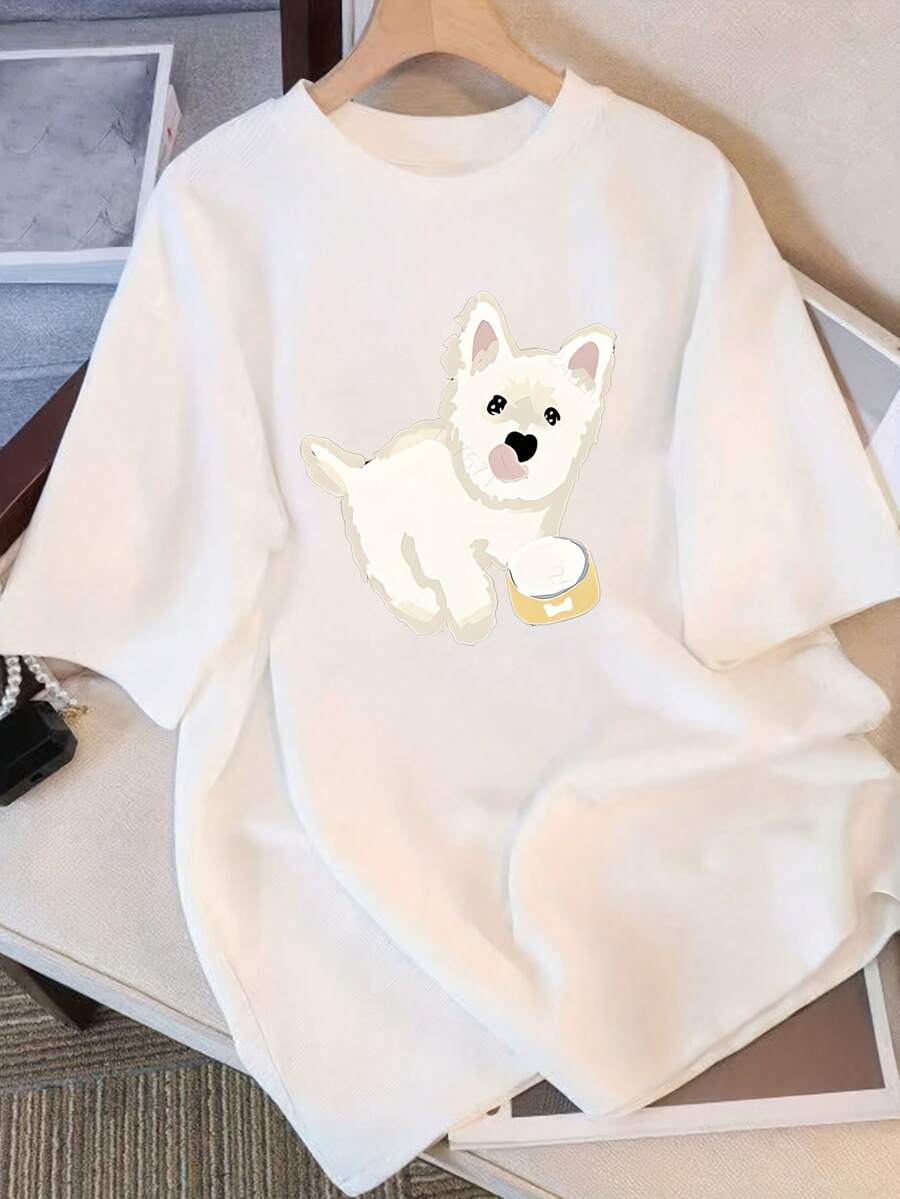 Camiseta manga corta cuello redondo 100% algodón, estampado trendy, tejido ligero y ventilado, estilo moda casual, apta para vida diaria, salidas informales y citas en primavera, verano y otoño - Blanco - Ver 1