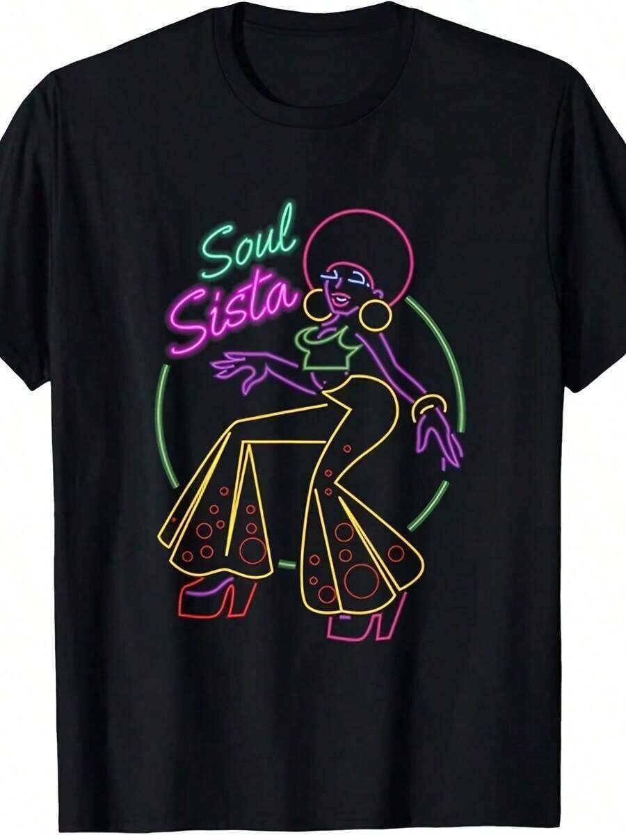 Camiseta Soul Sista de los 70 para Mujer |     Disfraz de discoteca, ligero y transpirable, cuello redondo, corte regular, lavable a máquina, adecuado para uso casual y actividades al aire libre, ropa de verano para mujer. - Negro - Ver 1