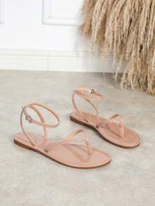 Women's Toe-Post Flat Sandals, Ankle Buckle Strap, Comfortable Casual Summer Sandals, Nude, Suitable For Beach Vacation And Daily Wear - Pink - View 5