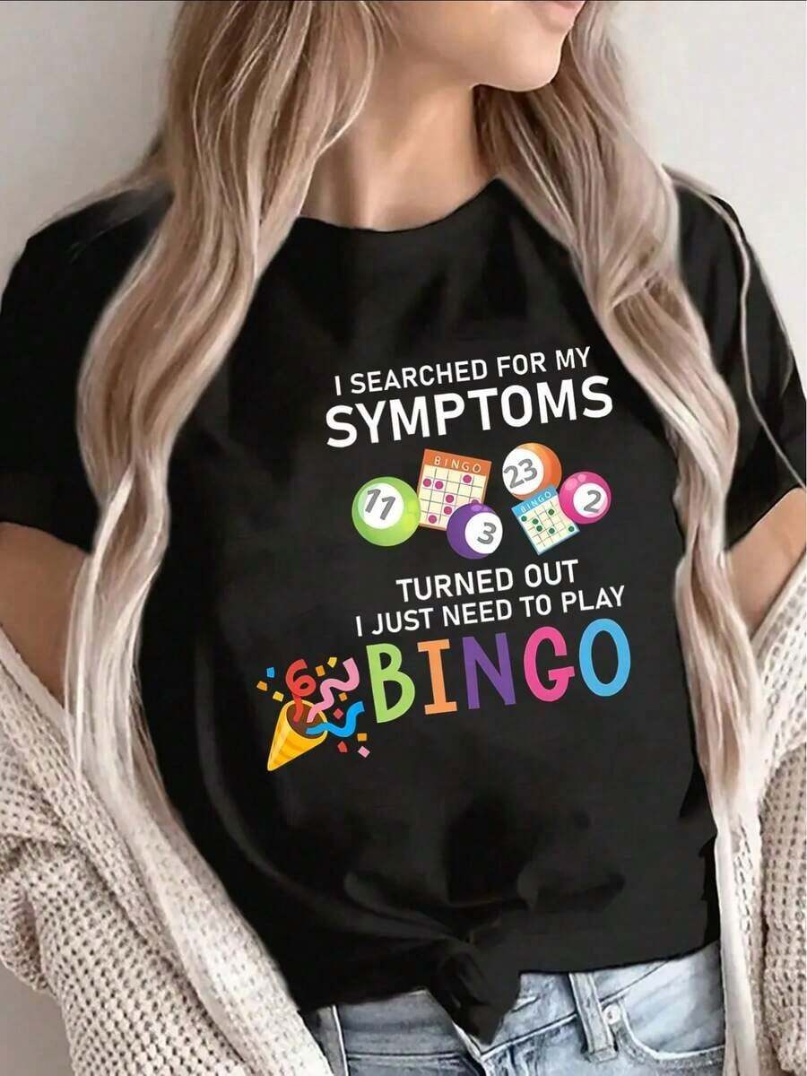 Camiseta Vintage Divertida para Mujer con Gráficos de Síntomas de Bingo - Camiseta Ligera de Manga Corta y Cuello Redondo con Diseño de Clases de Bingo y Tarjetas de Bingo, Camiseta Cómoda p - Negro - Ver 1