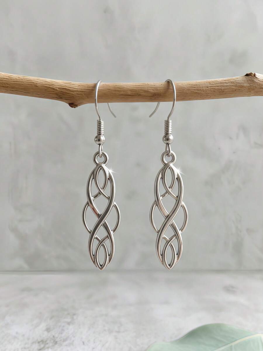 Chic Abstract Interlocking Line Earrings Detailed Silver Gloss Infinity Pendant Hooks Timeless Niche Cool Aesthetic Gothic Witchy Jewelry For Her - Silver - View 1