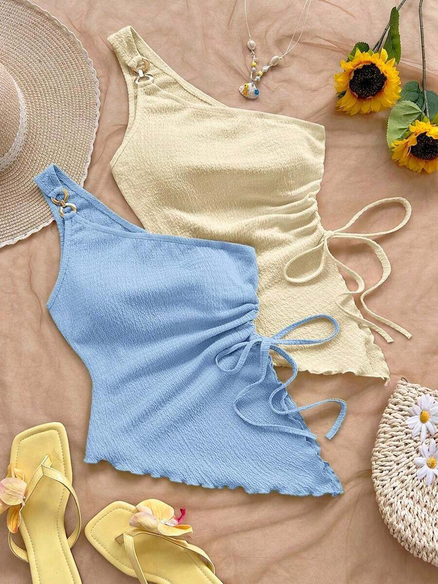 WYWH Blusa sin mangas de unicolor con bajo asimétrico, para verano - Azul y blanco - Ver 1
