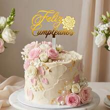 1个/3个金色亚克力“Feliz Cumpleaños”（西班牙语生日快乐）蛋糕装饰插牌，饰有花卉和蝴蝶图案，适合西班牙主题生日派对装饰。 - 多色 - 查看 6