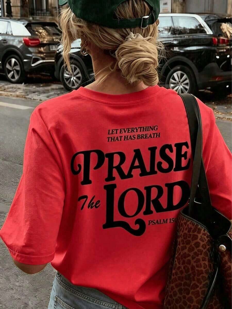 [Free Shipping] Women's Short Sleeve T-Shirt, Casual Summer Style, Simple Letter Print, Round Neck, Multifunctional, Camel Color, Ideal For Everyday Wear And Vacations. Casual Graphic T-Shirts For Women - 紅色 - 查看 1