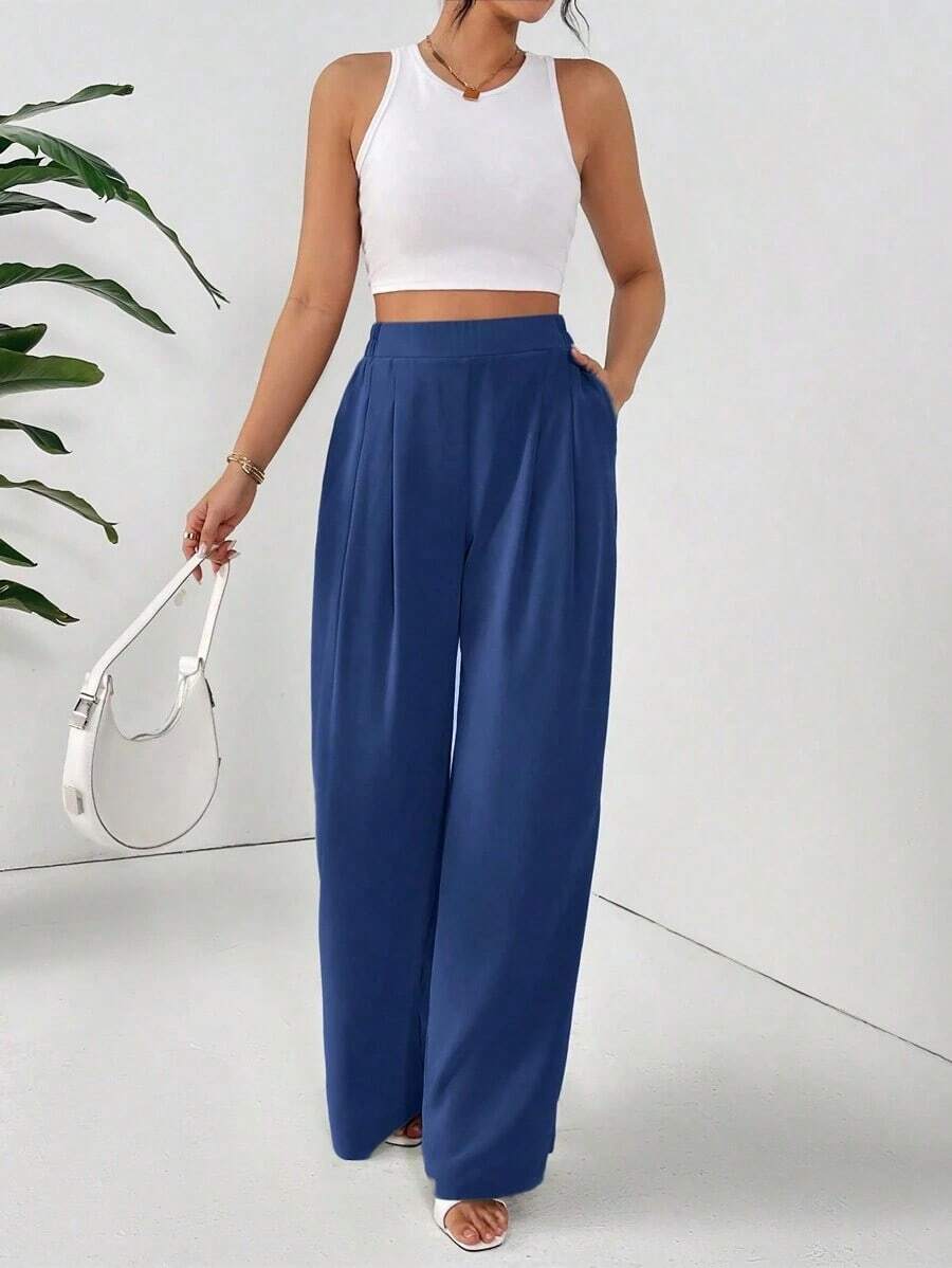 Pantalones casuales sueltos con bolsillos plisados y unicolor básico para mujer - Azul marino 2 - Ver 1