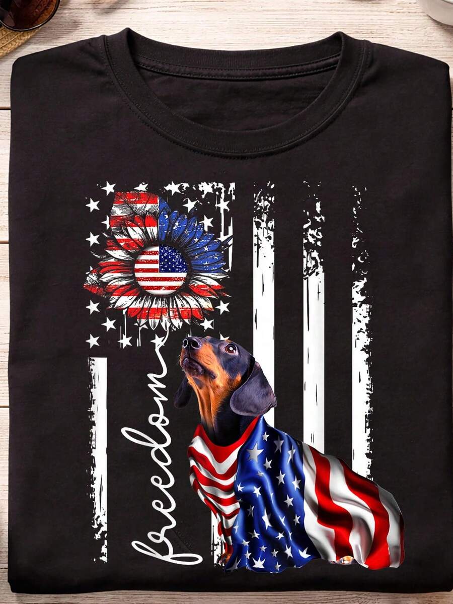Camiseta patriótica del 4 de julio WE1INer Dachshund Freedom, para amantes de los perros salchicha, camiseta para perros. Camiseta unisex de algodón puro de 220 g. Peso ideal para todas las estaciones, apta para hombres y mujeres. Tejido duradero de alta calidad, suave al tacto y de larga duración. Parte superior transpirable. Adecuada para la primavera y el verano de las mujeres, vacaciones, Día de la Madre, Día de la Independencia. - Negro - Ver 1