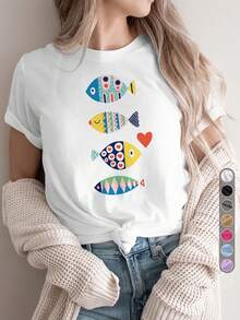 Camiseta deportiva casual vintage para mujer, camiseta de cuello redondo, estampado de peces coloridos, juvenil y a la moda, ropa de vacaciones, temática de verano, diseño de peces en forma de corazón, peces, colorida, cómoda para todas las estaciones. - Blanco - Ver 12