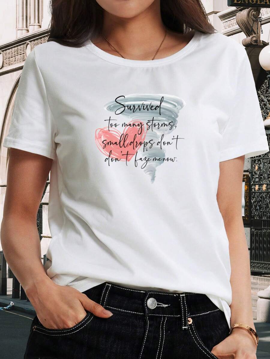 Camiseta de algodón puro para mujer con estampado de frases inspiradoras - Top casual de manga corta y cuello redondo con estampado, lavable a máquina, blanca con frases inspiradoras y diseño de corazón rojo, adecuada para primavera, verano y otoño, material no transparente. - Blanco - Ver 1