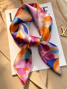 1pc | Shiny Faux Silk Fabric | Vibrant Floral Print Small Square Scarf | Fine Dense Hemming Craftsmanship | Neck Accessory, Bag Tie, Multi-Use Accessory | Vacation Style Spring/Summer Silk Scarf - Multicolor - View 6