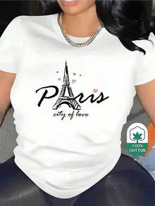 Playera de mujer 100% algodón manga corta diseño París ciudad del amor ajustada transpirable para verano - Blanco - Ver 6