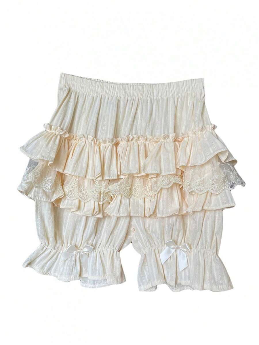 Pantalones cortos bombachos con diseño en capas tipo pastel y borde de encaje para mujer, cintura elástica con lazo, corte holado antideslizante, ideal para uso diario y estilo Lolita en primavera y verano - amarillo claro - Ver 1