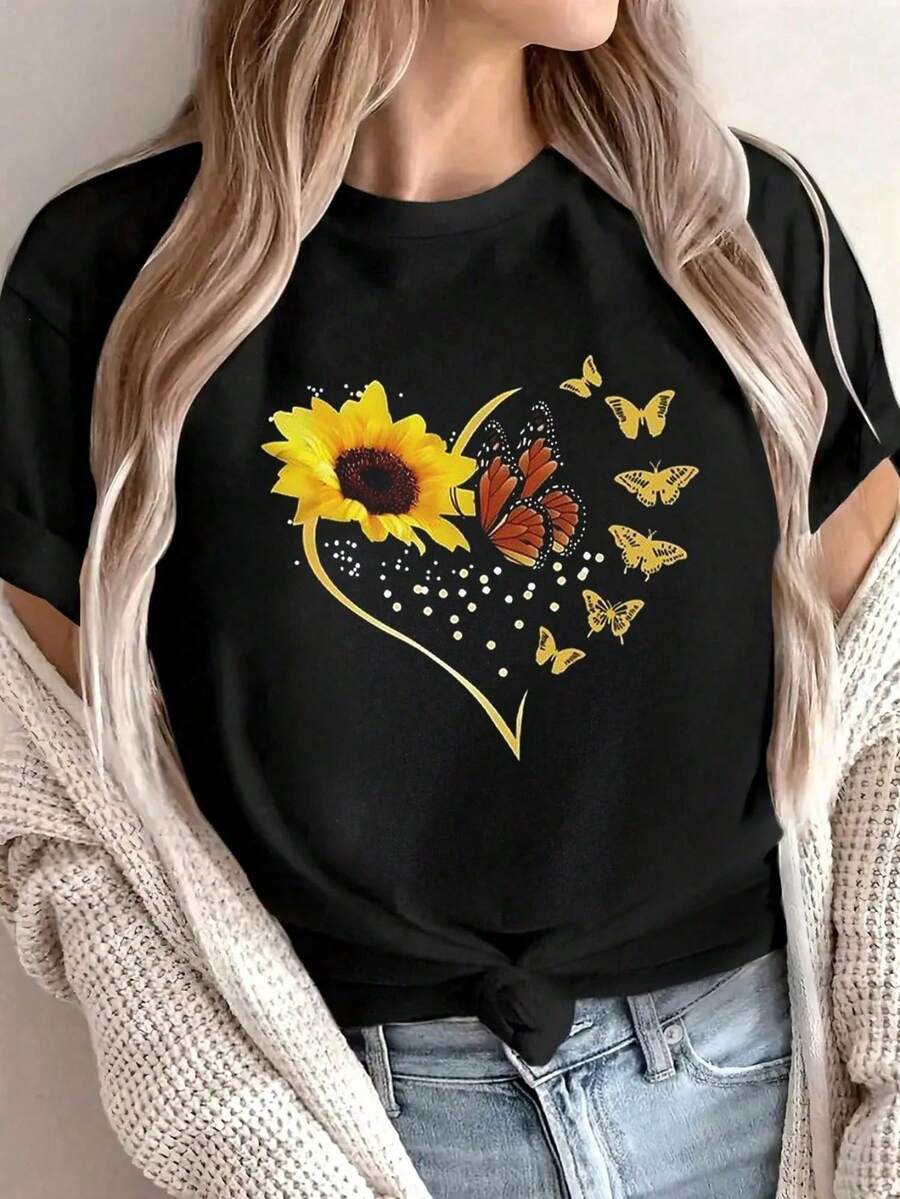Women Casual Sunflower Butterfly Print Black Round Neck Short Sleeve Regular T-Shirt - Negro - Ver 1