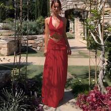 Nueva Llegada Conjunto Dos Piezas Cuello En V Halter Volantes Falda Larga - Rojo - Ver 5